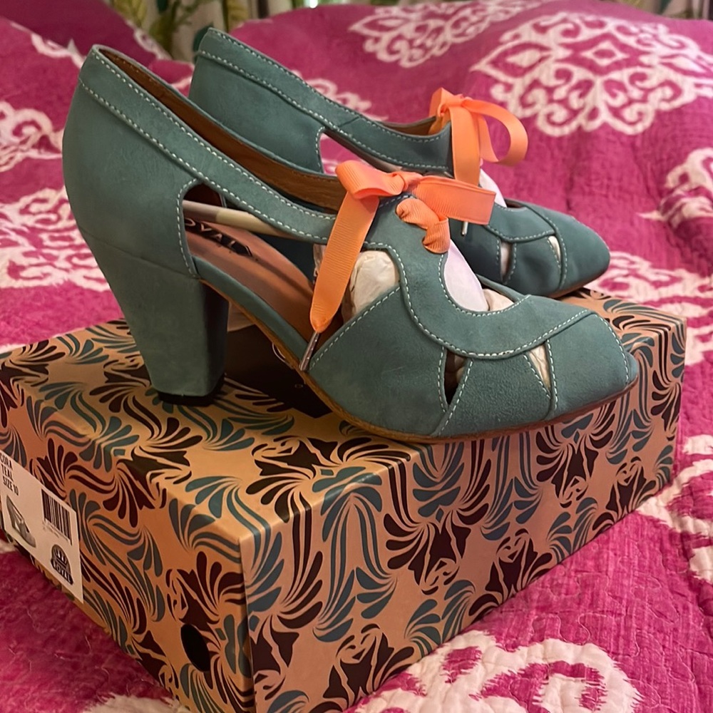 Cora 1940s Sandals, Teal, Royal Vintage/American Duchess